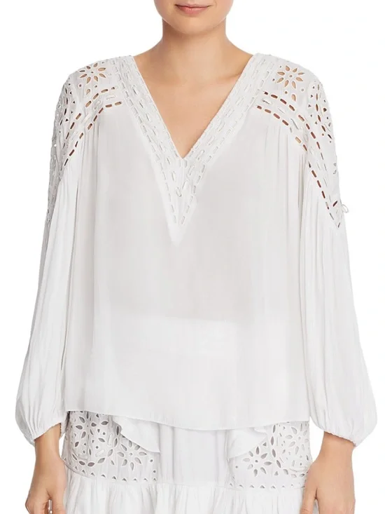 Ramy Brook Komi Eyelet Elegant Long Sleeve V Neck White Top Size Small - Picture 1 of 7